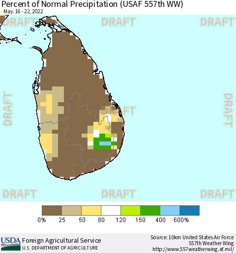 Sri Lanka Percent of Normal Precipitation (USAF 557th WW) Thematic Map For 5/16/2022 - 5/22/2022