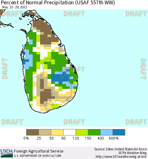 Sri Lanka Percent of Normal Precipitation (USAF 557th WW) Thematic Map For 5/23/2022 - 5/29/2022