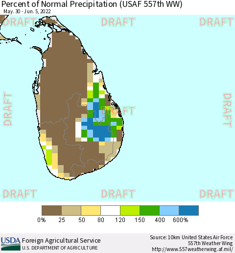 Sri Lanka Percent of Normal Precipitation (USAF 557th WW) Thematic Map For 5/30/2022 - 6/5/2022