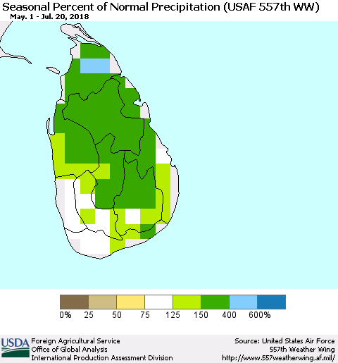 Sri Lanka Seasonal Percent of Normal Precipitation (USAF 557th WW) Thematic Map For 5/1/2018 - 7/20/2018