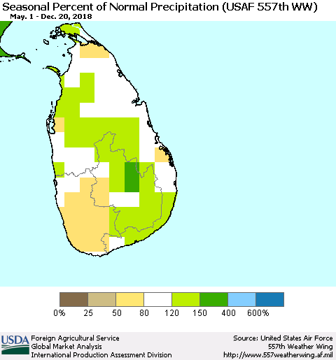 Sri Lanka Seasonal Percent of Normal Precipitation (USAF 557th WW) Thematic Map For 5/1/2018 - 12/20/2018
