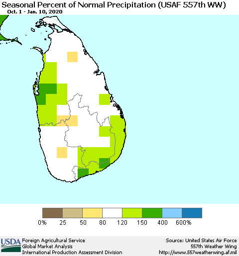 Sri Lanka Seasonal Percent of Normal Precipitation (USAF 557th WW) Thematic Map For 10/1/2019 - 1/10/2020