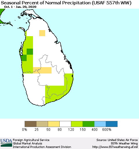Sri Lanka Seasonal Percent of Normal Precipitation (USAF 557th WW) Thematic Map For 10/1/2019 - 1/20/2020
