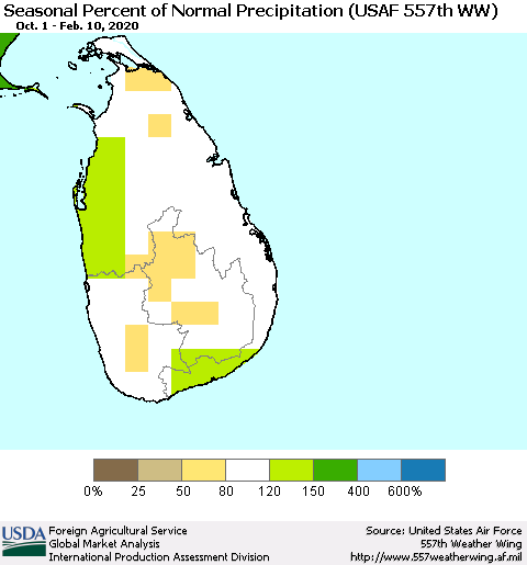 Sri Lanka Seasonal Percent of Normal Precipitation (USAF 557th WW) Thematic Map For 10/1/2019 - 2/10/2020