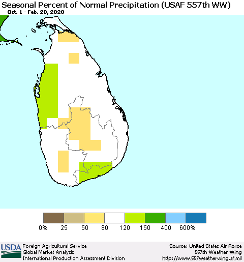 Sri Lanka Seasonal Percent of Normal Precipitation (USAF 557th WW) Thematic Map For 10/1/2019 - 2/20/2020