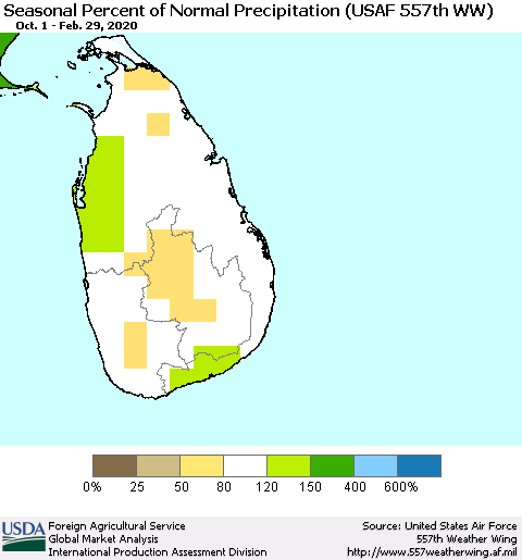 Sri Lanka Seasonal Percent of Normal Precipitation (USAF 557th WW) Thematic Map For 10/1/2019 - 2/29/2020
