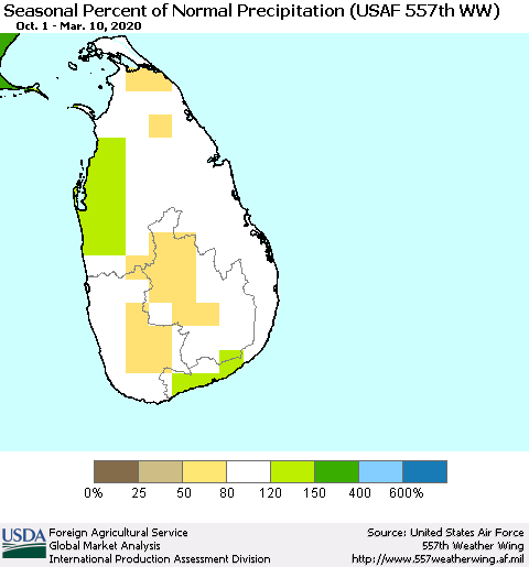 Sri Lanka Seasonal Percent of Normal Precipitation (USAF 557th WW) Thematic Map For 10/1/2019 - 3/10/2020