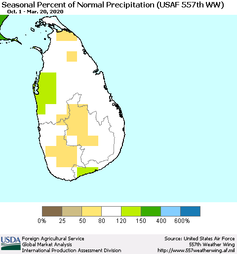 Sri Lanka Seasonal Percent of Normal Precipitation (USAF 557th WW) Thematic Map For 10/1/2019 - 3/20/2020