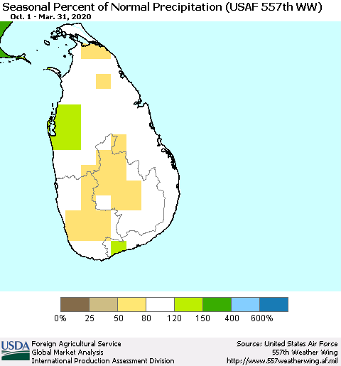 Sri Lanka Seasonal Percent of Normal Precipitation (USAF 557th WW) Thematic Map For 10/1/2019 - 3/31/2020