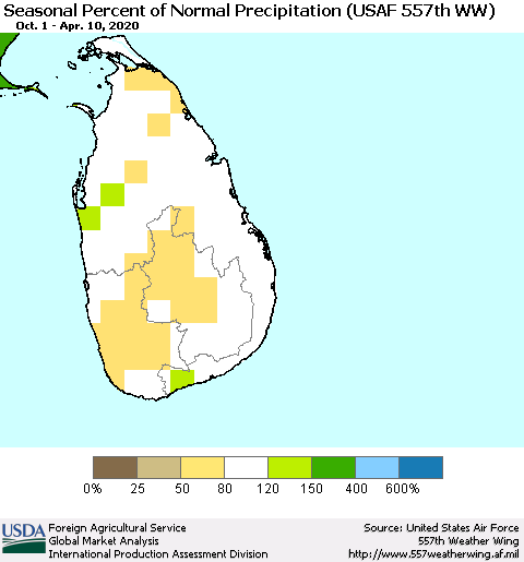 Sri Lanka Seasonal Percent of Normal Precipitation (USAF 557th WW) Thematic Map For 10/1/2019 - 4/10/2020