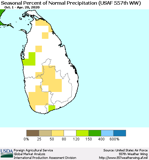 Sri Lanka Seasonal Percent of Normal Precipitation (USAF 557th WW) Thematic Map For 10/1/2019 - 4/20/2020