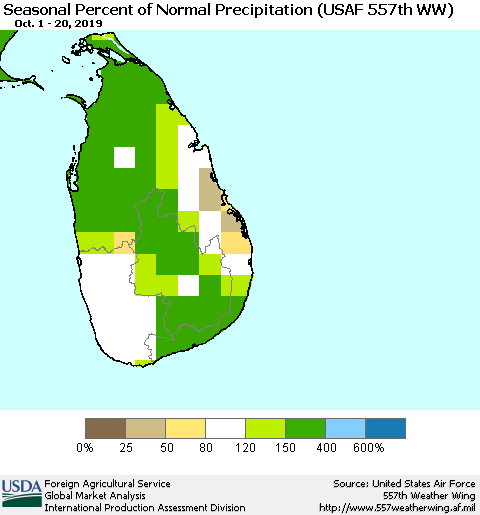 Sri Lanka Seasonal Percent of Normal Precipitation (USAF 557th WW) Thematic Map For 10/1/2019 - 10/20/2019