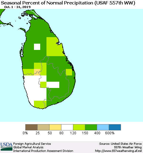 Sri Lanka Seasonal Percent of Normal Precipitation (USAF 557th WW) Thematic Map For 10/1/2019 - 10/31/2019