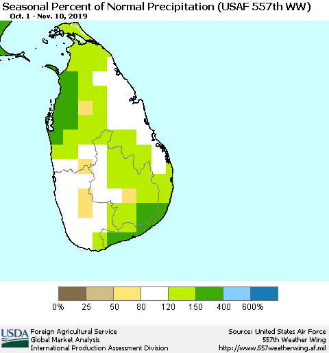 Sri Lanka Seasonal Percent of Normal Precipitation (USAF 557th WW) Thematic Map For 10/1/2019 - 11/10/2019