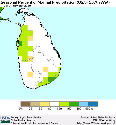 Sri Lanka Seasonal Percent of Normal Precipitation (USAF 557th WW) Thematic Map For 10/1/2019 - 11/20/2019
