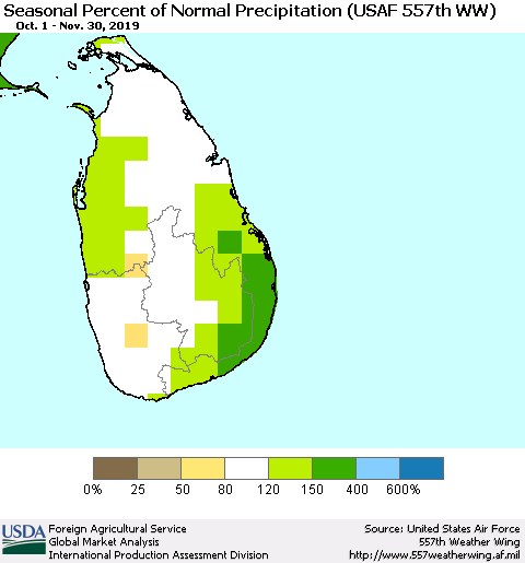 Sri Lanka Seasonal Percent of Normal Precipitation (USAF 557th WW) Thematic Map For 10/1/2019 - 11/30/2019