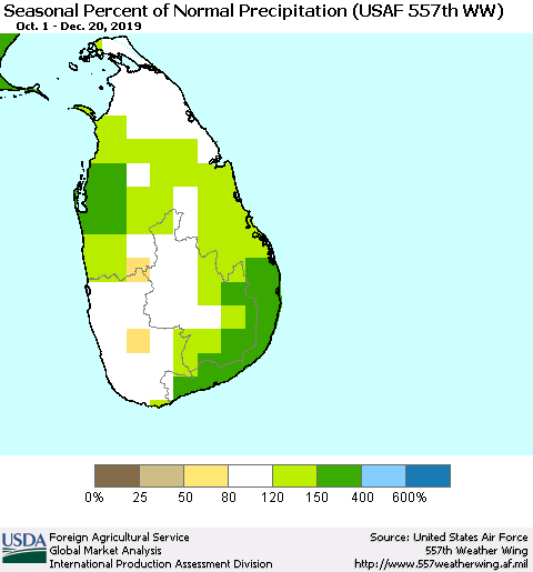 Sri Lanka Seasonal Percent of Normal Precipitation (USAF 557th WW) Thematic Map For 10/1/2019 - 12/20/2019