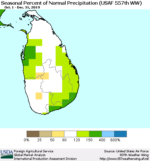 Sri Lanka Seasonal Percent of Normal Precipitation (USAF 557th WW) Thematic Map For 10/1/2019 - 12/31/2019