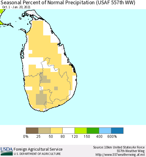 Sri Lanka Seasonal Percent of Normal Precipitation (USAF 557th WW) Thematic Map For 10/1/2020 - 1/20/2021