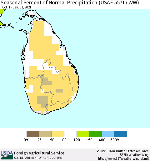 Sri Lanka Seasonal Percent of Normal Precipitation (USAF 557th WW) Thematic Map For 10/1/2020 - 1/31/2021