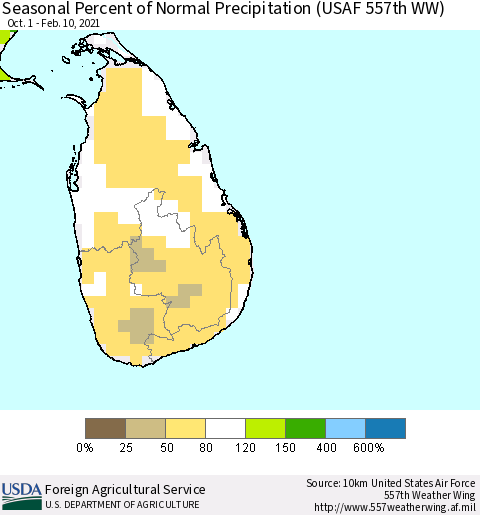 Sri Lanka Seasonal Percent of Normal Precipitation (USAF 557th WW) Thematic Map For 10/1/2020 - 2/10/2021