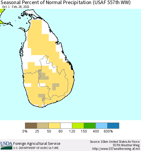 Sri Lanka Seasonal Percent of Normal Precipitation (USAF 557th WW) Thematic Map For 10/1/2020 - 2/28/2021