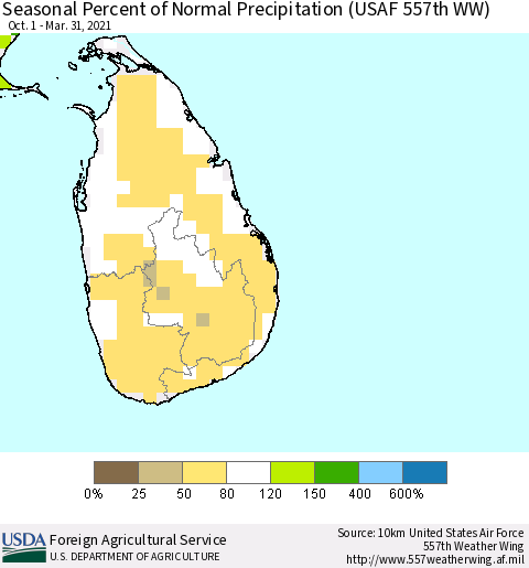 Sri Lanka Seasonal Percent of Normal Precipitation (USAF 557th WW) Thematic Map For 10/1/2020 - 3/31/2021
