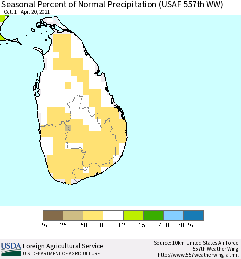 Sri Lanka Seasonal Percent of Normal Precipitation (USAF 557th WW) Thematic Map For 10/1/2020 - 4/20/2021