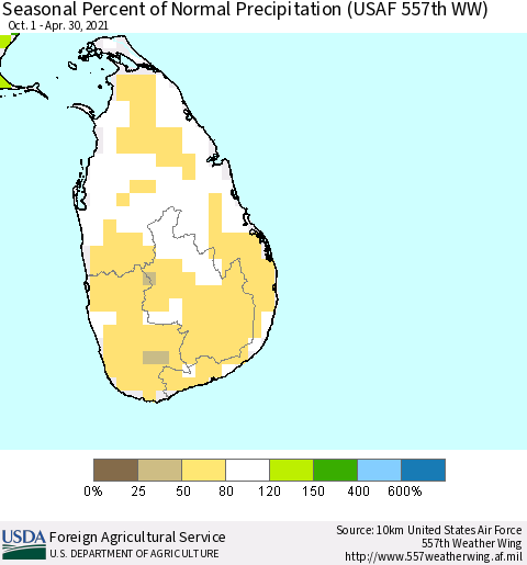 Sri Lanka Seasonal Percent of Normal Precipitation (USAF 557th WW) Thematic Map For 10/1/2020 - 4/30/2021