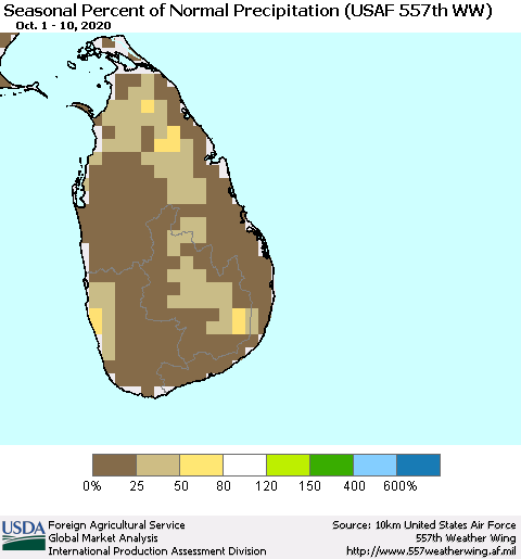 Sri Lanka Seasonal Percent of Normal Precipitation (USAF 557th WW) Thematic Map For 10/1/2020 - 10/10/2020