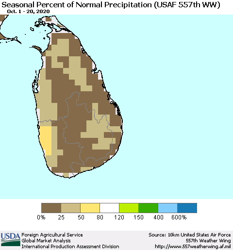 Sri Lanka Seasonal Percent of Normal Precipitation (USAF 557th WW) Thematic Map For 10/1/2020 - 10/20/2020