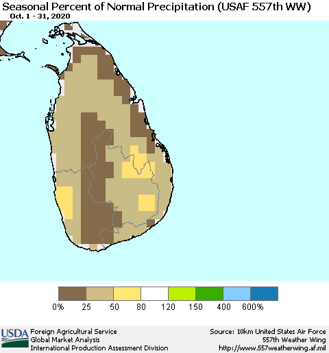 Sri Lanka Seasonal Percent of Normal Precipitation (USAF 557th WW) Thematic Map For 10/1/2020 - 10/31/2020