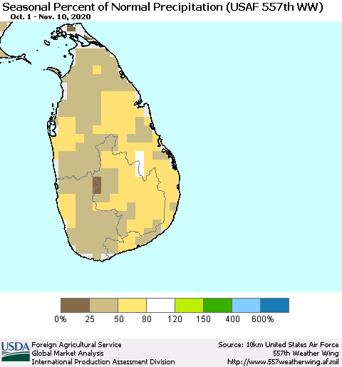 Sri Lanka Seasonal Percent of Normal Precipitation (USAF 557th WW) Thematic Map For 10/1/2020 - 11/10/2020