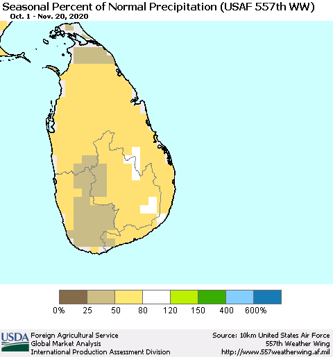 Sri Lanka Seasonal Percent of Normal Precipitation (USAF 557th WW) Thematic Map For 10/1/2020 - 11/20/2020