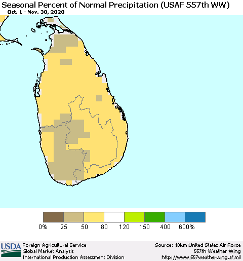 Sri Lanka Seasonal Percent of Normal Precipitation (USAF 557th WW) Thematic Map For 10/1/2020 - 11/30/2020