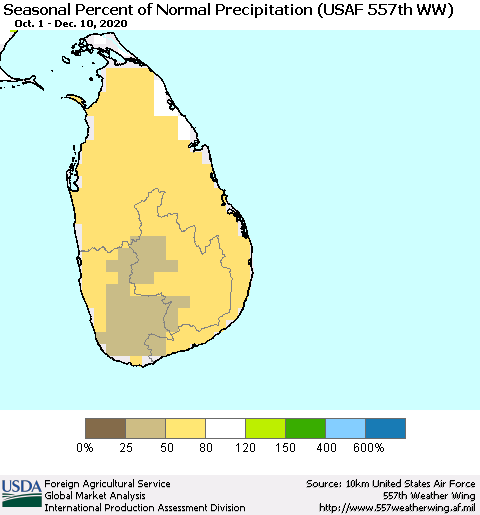 Sri Lanka Seasonal Percent of Normal Precipitation (USAF 557th WW) Thematic Map For 10/1/2020 - 12/10/2020