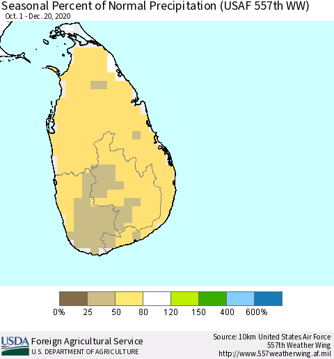 Sri Lanka Seasonal Percent of Normal Precipitation (USAF 557th WW) Thematic Map For 10/1/2020 - 12/20/2020