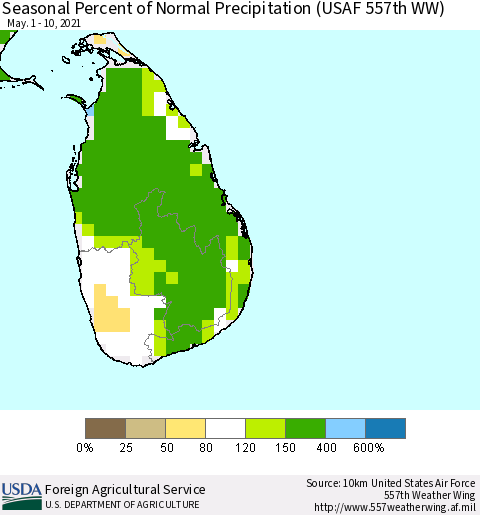 Sri Lanka Seasonal Percent of Normal Precipitation (USAF 557th WW) Thematic Map For 5/1/2021 - 5/10/2021