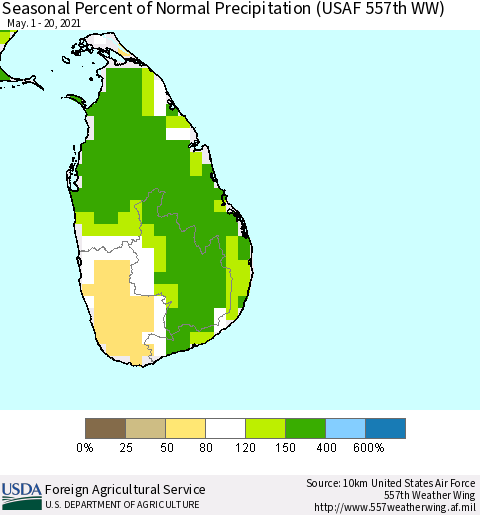 Sri Lanka Seasonal Percent of Normal Precipitation (USAF 557th WW) Thematic Map For 5/1/2021 - 5/20/2021