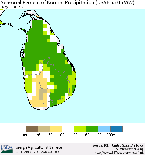 Sri Lanka Seasonal Percent of Normal Precipitation (USAF 557th WW) Thematic Map For 5/1/2021 - 5/31/2021