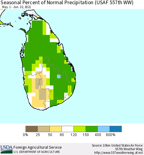 Sri Lanka Seasonal Percent of Normal Precipitation (USAF 557th WW) Thematic Map For 5/1/2021 - 6/10/2021