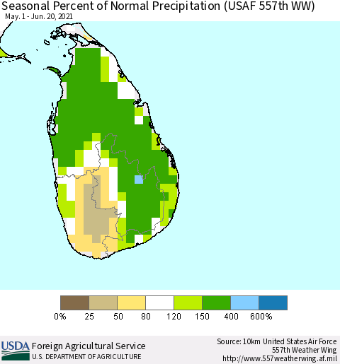 Sri Lanka Seasonal Percent of Normal Precipitation (USAF 557th WW) Thematic Map For 5/1/2021 - 6/20/2021