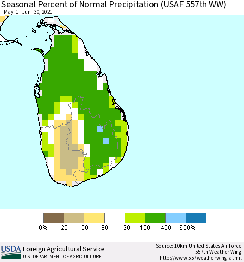 Sri Lanka Seasonal Percent of Normal Precipitation (USAF 557th WW) Thematic Map For 5/1/2021 - 6/30/2021