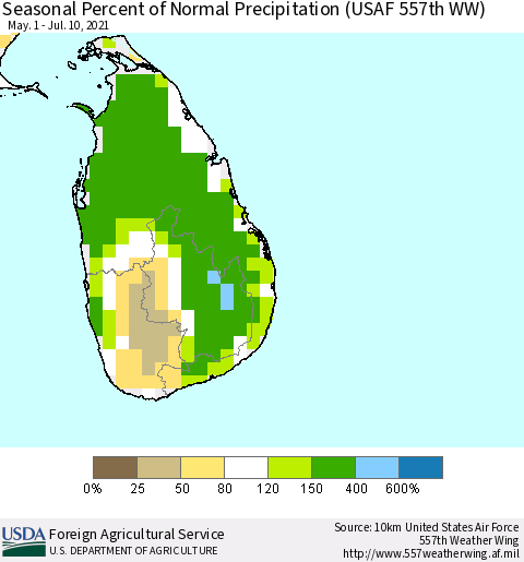 Sri Lanka Seasonal Percent of Normal Precipitation (USAF 557th WW) Thematic Map For 5/1/2021 - 7/10/2021