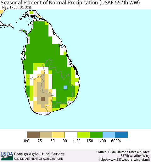 Sri Lanka Seasonal Percent of Normal Precipitation (USAF 557th WW) Thematic Map For 5/1/2021 - 7/20/2021