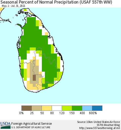 Sri Lanka Seasonal Percent of Normal Precipitation (USAF 557th WW) Thematic Map For 5/1/2021 - 7/31/2021