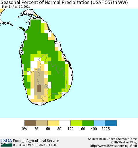 Sri Lanka Seasonal Percent of Normal Precipitation (USAF 557th WW) Thematic Map For 5/1/2021 - 8/10/2021