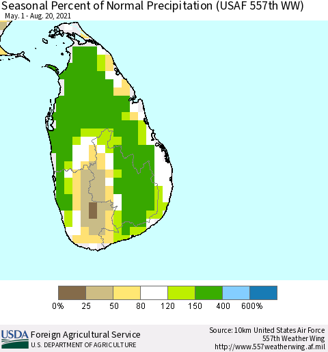 Sri Lanka Seasonal Percent of Normal Precipitation (USAF 557th WW) Thematic Map For 5/1/2021 - 8/20/2021