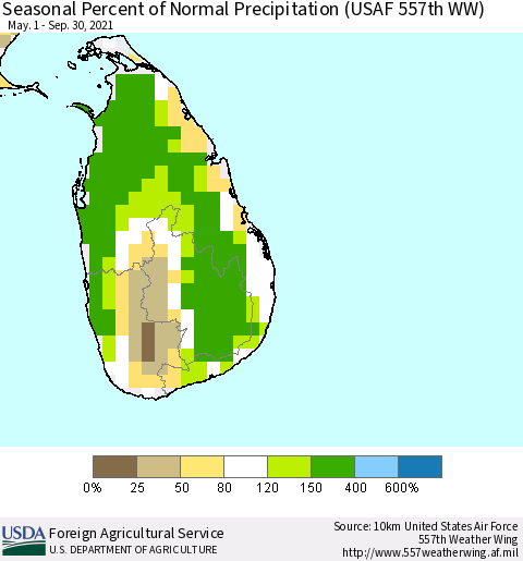 Sri Lanka Seasonal Percent of Normal Precipitation (USAF 557th WW) Thematic Map For 5/1/2021 - 9/30/2021