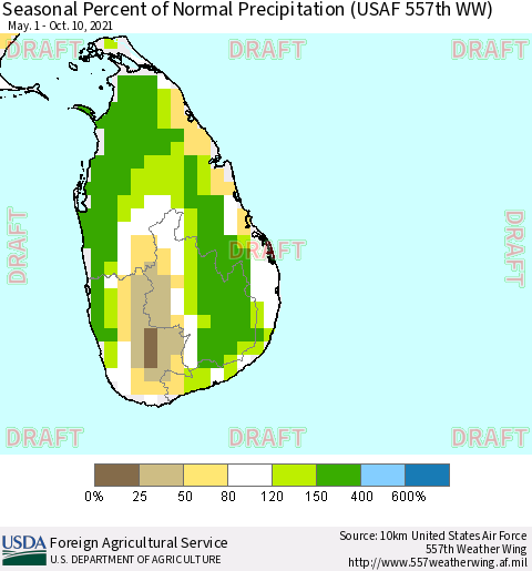 Sri Lanka Seasonal Percent of Normal Precipitation (USAF 557th WW) Thematic Map For 5/1/2021 - 10/10/2021